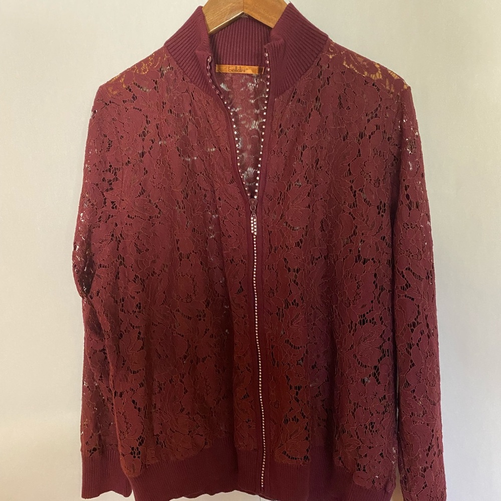 Beautiful Belldini jeweled zipper lace jacket, deep burgundy